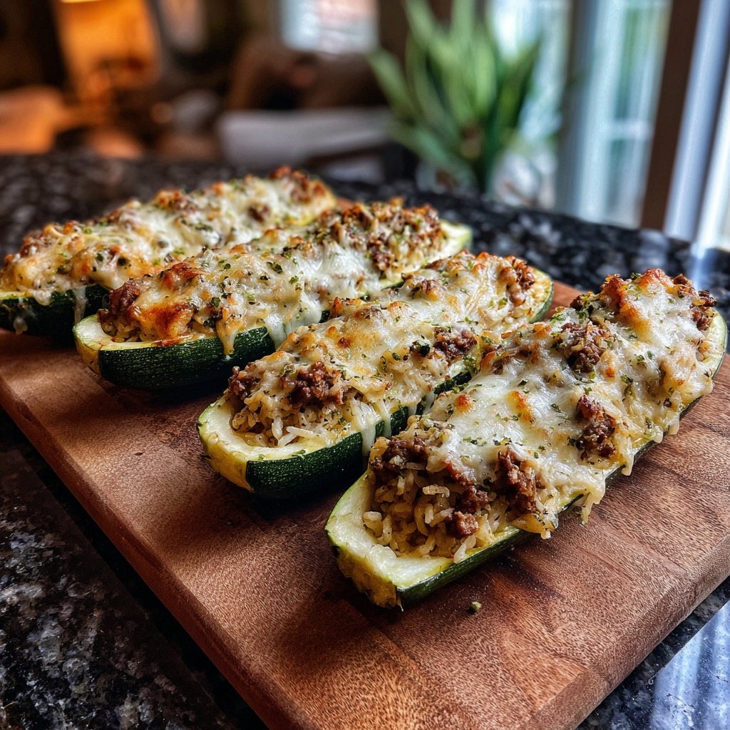 Ground Beef And Rice Stuffed Zucchini Boats